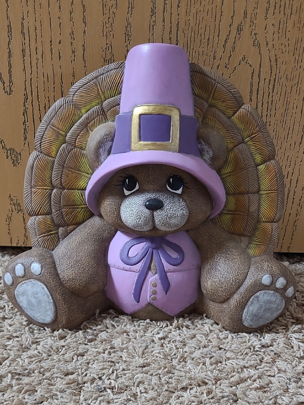 Vintage Thanksgiving Pilgrim Turkey Bear Feathers Ceramic Handmade